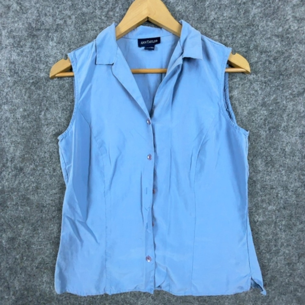 Ann Taylor Shirt Womens 8 Blue Silk Sleeveless Classic Business Button Front